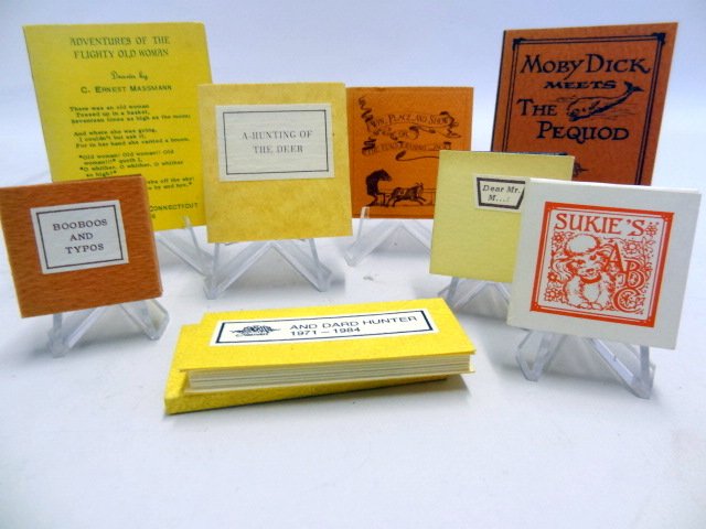 Miniature Books: Eight Massmerman books, Sukies; Adventures of a Flightly Old Woman; Booboos and Typos; A-Hunting of the Deer; and Dard Hunter; Dear Mr. M; Win, Place and Show;, Moby Dick Meets the Pequid