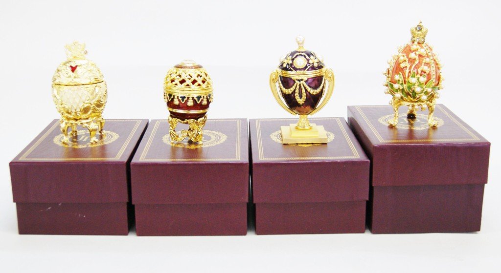 Joan Rivers Four Imperial Treasures II Eggs: Joan Rivers complete set of four Imperial Treasures II eggs from the second series, all complete in original boxes with paperwork and packing, The Potpourri Egg, The Musical Palace Egg, The Lost Treas