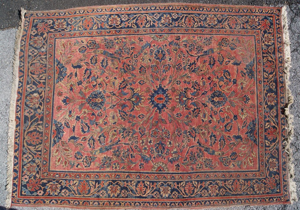 Sarouk Carpet: Antique Sarouk Carpet, 7'6" x 102", rust red background, dark/light blue, cream