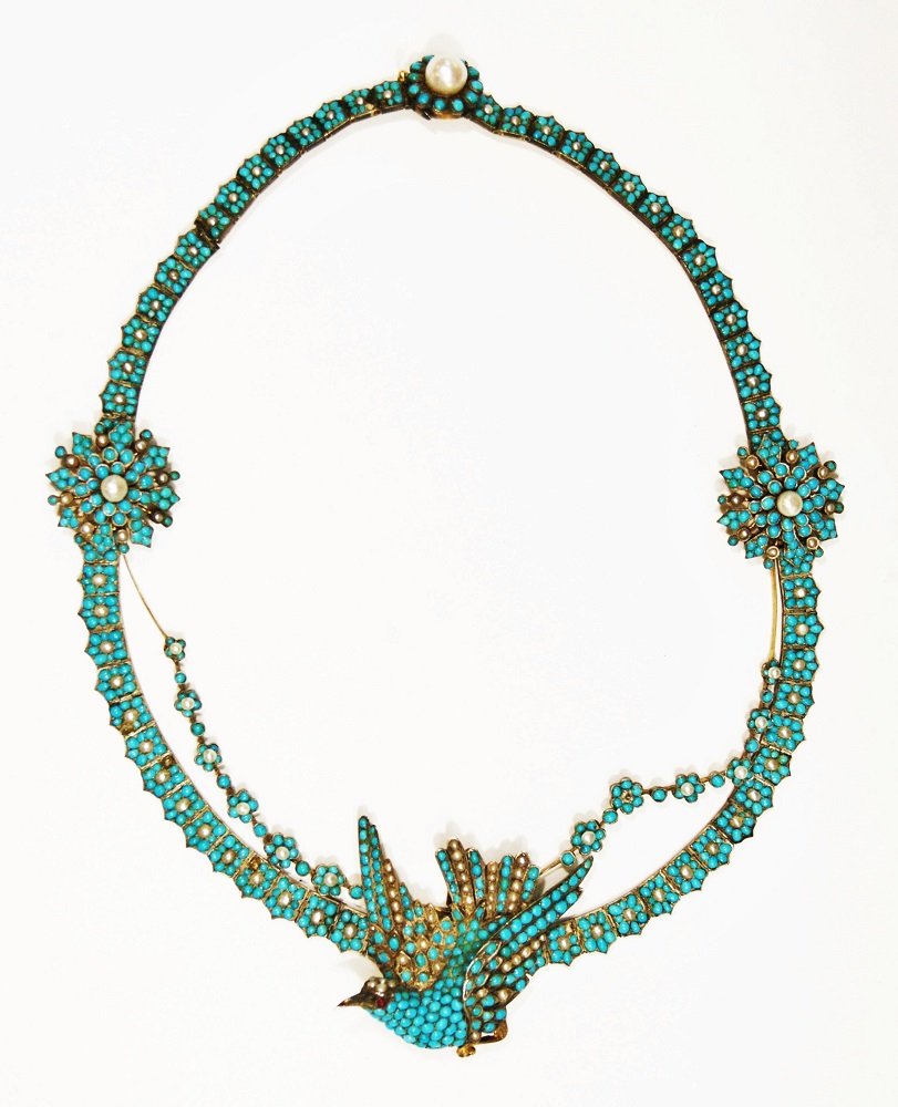 Georgian Turquoise and Seed Pearl Necklace: Georgian turquoise & seed pearl choker w/bird motif