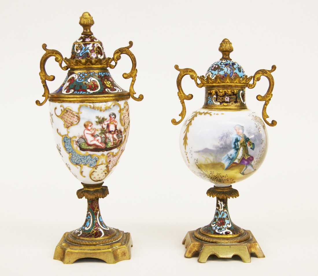Pair French Enamel Over Brass Urns (1 of 9)