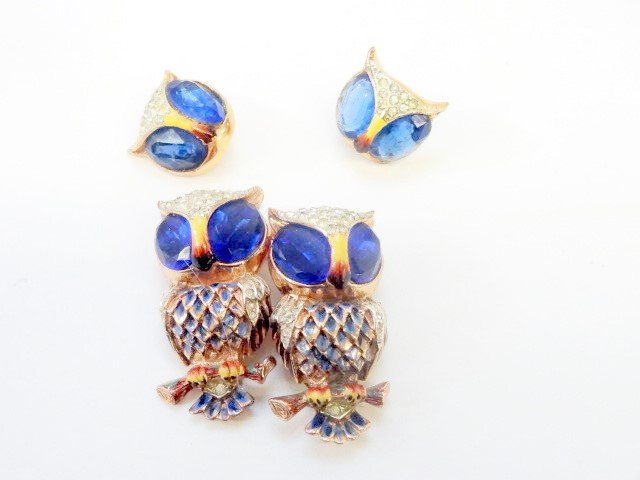 Coro Craft Owl Duette Sterling: Sterling Coro Craft enamel owl duette signed & earrings