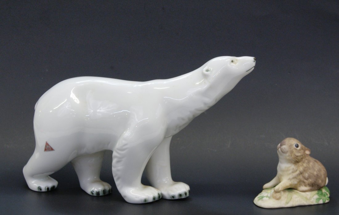Royal Dux Polar Bear & Cybis Rabbit: Royal Dux Bohemia fine porcelain polar bear with original label 7.5" H x 14" L, porcelain rabbit signed with tulip mark & Cybis 4.5" L
