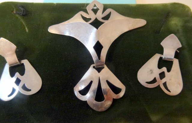 Modern Three PIece Sterling Pin and Earrings (1 of 1)