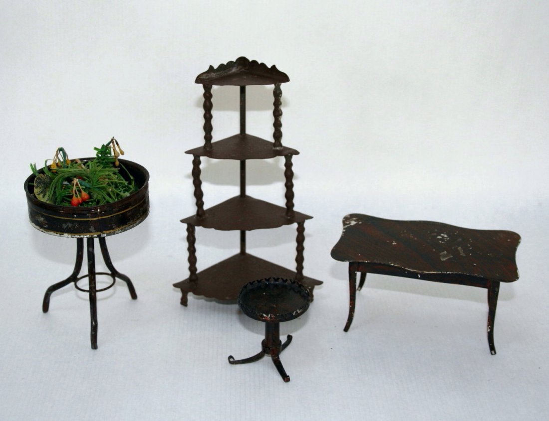 Rock & Graner Assortment: An etagere 5.25" H, re-painted, a low table with finely crackled surface and some paint loss, a small wine table with some repairs on the gallery, and a plant stand with flowers sewn to a cardboard ba