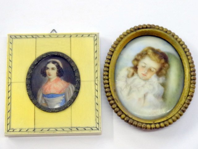 Miniature Porcelain Paintings, One in Bone Frame: Bone framed portrait 3.5", hand painted lady sleeping, hand painted child on porcelain.