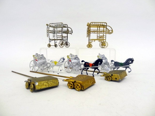 Pewter Miniature Dollhouse Furniture: Three horse & carriages in O/B, 3 vacuums, 2 tea carts, 2 in. tallest