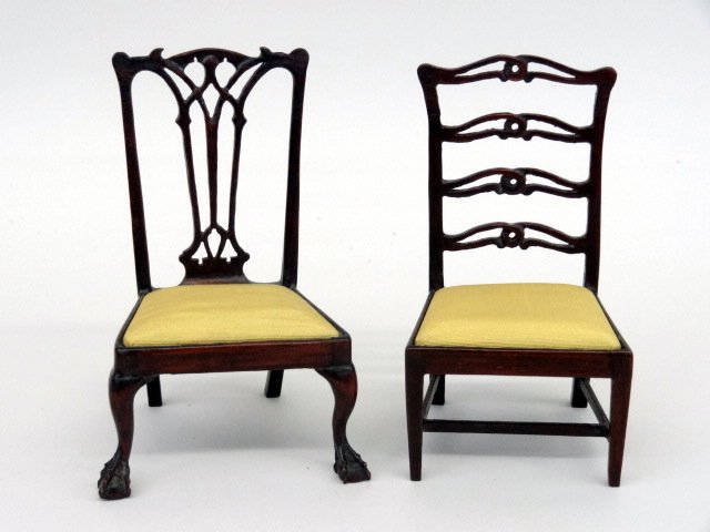 Richard Mann Chippendale Chair: An elegant Chippendale chair with beautifully hand-carved back splat, impressive ball and claw feet and upholstered seat 4" H, with a ribbon-back chair by the same maker, both with lovely finish and v