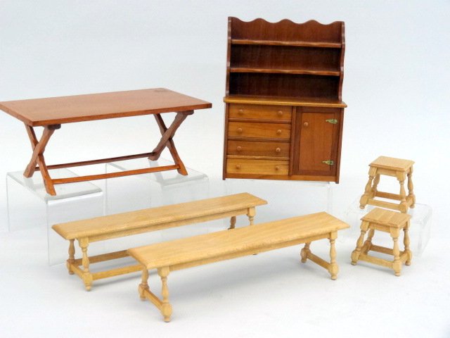 Warren Dick Kitchen Furniture: A sawbuck table 2.5" H, 6.5" L, a pretty hutch and four jointed benches, all signed by Warren Dick.