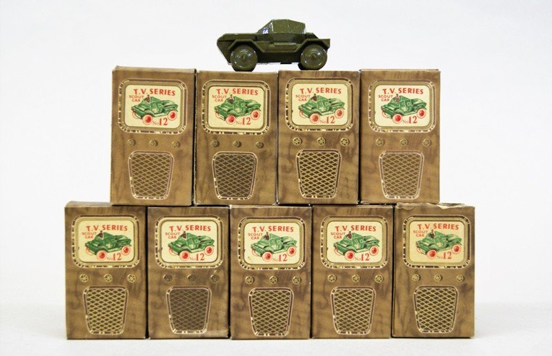 Ten Benros TV Series Scout Cars: Benros, England circa 1950's, 10 boxed #12 Scout carts, 9 in original boxes, half w/drivers