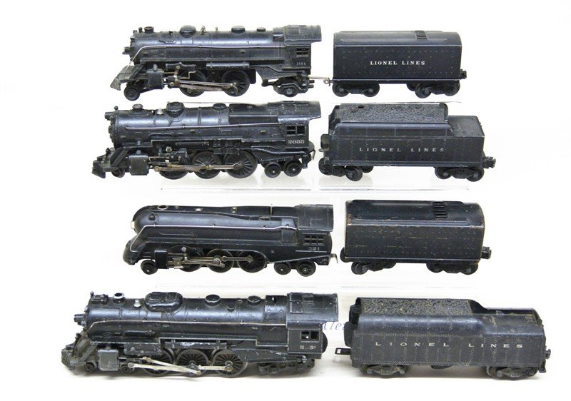 Lionel Lot of Four Steam Locomotives: Lionel lot of 4 steam locomotives w/tenders, 2056 w/2046W tender, 221 w/221T tender, 2035 w/2466WX tender, & 1664 w/1664W tender