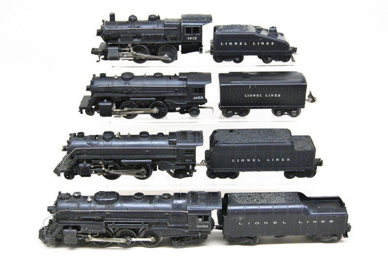 Lionel Four Steam Locomotives with Tenders: Lionel 4 steam locomotives w/tenders, 1655 w/1689T tender (needs drive rods, screws, E-unit & light bracket), 1615 w/unmarked tender (broken marker light), 1664 w/6466W tender & 2056 w/2046W tender