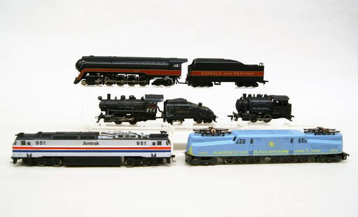 Lot of Five HO Engines, Diesel and Steam: HO engine lot, 5 engines, AHM 4902 GG-1, Bachmann E60CP engine, Bachmann 610 4-6-4 steam locomotive w/N&W tender, Mantua 273 0-4-0 engine w/tender, & Mantua 0-4-0 switcher (no tender)