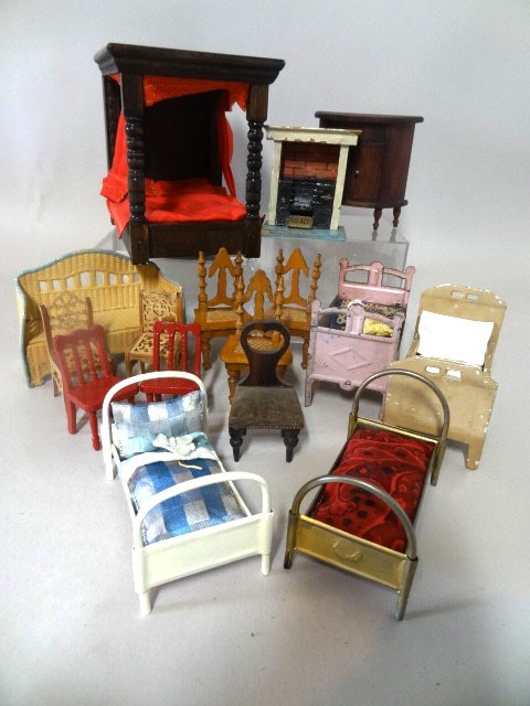Vintage English and German Furniture: A vintage Barton Tudor bed with original upholstery 5.25" H and L, several small German chairs, smaller scale English fireplace with range, several small beds and a Schreiter settee in excellent condi