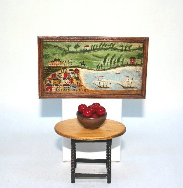 George Schlosser Painting: A wonderfully detailed and vivid painting by George Schlosser replicating the overmantel from the Burk Tavern in Bernardston, MA ca. 1813 measuring 2.25" H, 4" W with a country table signed but diffic