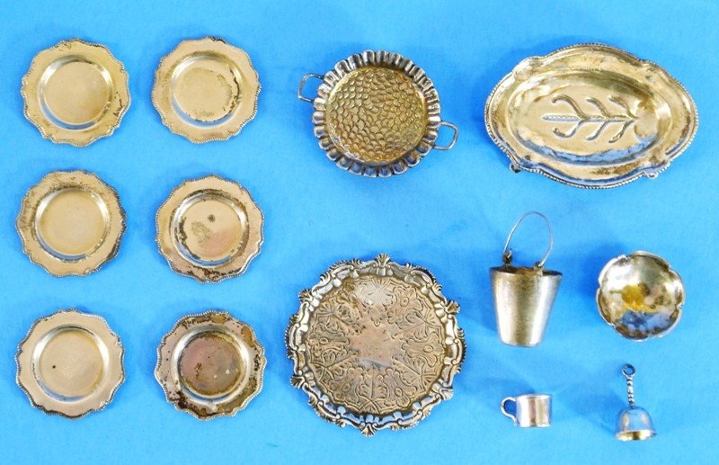 Group Miniature Silver Table Articles: Includes late Georgian style meat tray marked handmade sterling 1.9 in. (W), George II style round salure w/Rococo shell rim and engraved field has try unreadable hallmark 1.6 in. (D), footed bowl w/s