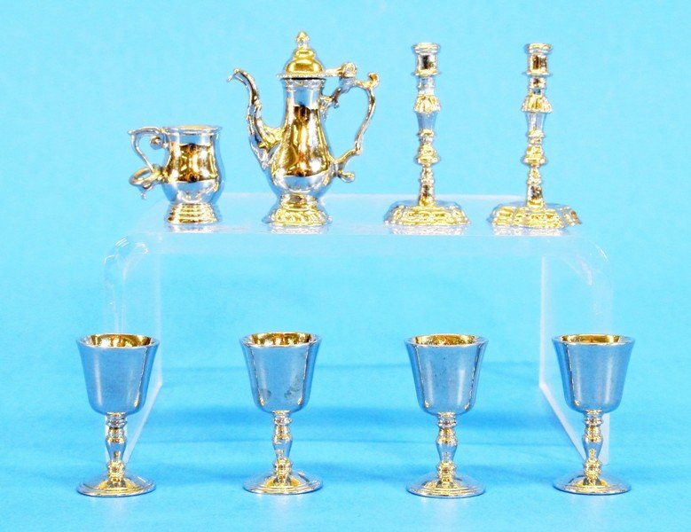Group I.C. Miniature Silver: Group of sterling silver table articles signed I.C., pair George II candlesticks 1 in. (H), teapot, 4 wine glasses w/tapering body over ballister stem on raised foot .8 in. (H), & George II style mug 