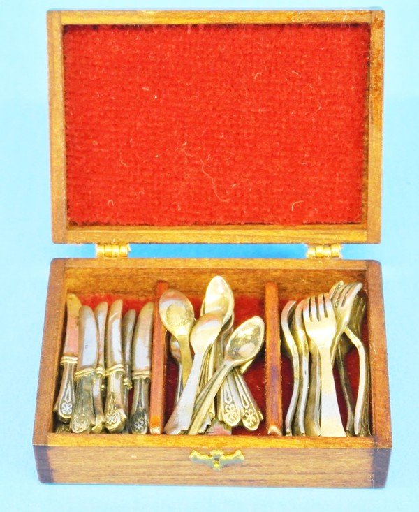 William Meyer Silver Miniature Flatware Service for: William Meyers case set of silver flatware, 24 pcs total, 8 knives, 8 each knives, forks, spoons housed in original wood druded case w/brass hinges & escutcheon, box 1.6 in. (W) x 1.2 in. (D) x .5 in.