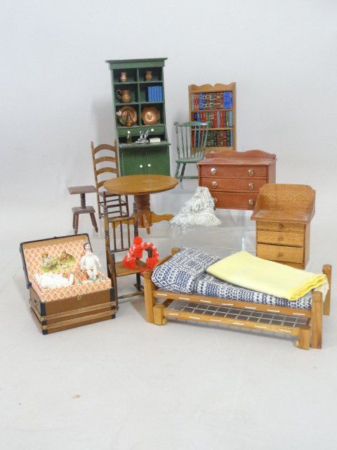 Dollhouse Miniature Country Furniture: Selection of Country Furniture Green Windsor chair, Secretary Desk in Green Paint, Rope Bed, Tables, Chairs, Trunk, Ladder Back Chair, Bookcase, Table, etc, some marked Artist illegible 4" tallest