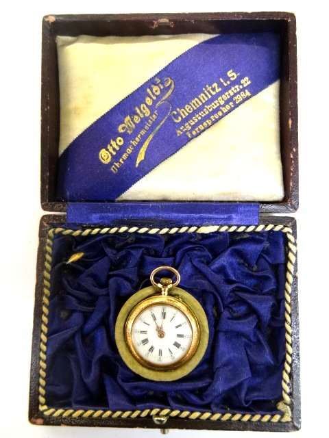 14Kt Pocket Watch: Lady's gold pocket watch marked 585, with original box, Otto Weigelor, 10 jewels.