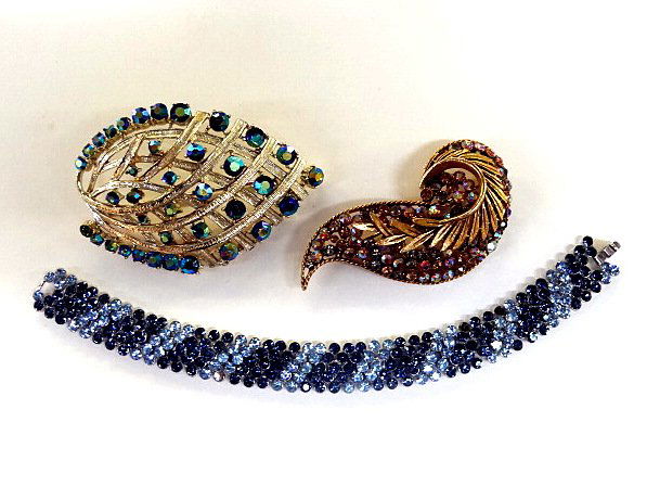 Trifari Rhinestone Bracelet Plus Pins: Blue Trifari Crown rhinestone bracelet, rhinestones leaf pin BSK and other pin unmarked.