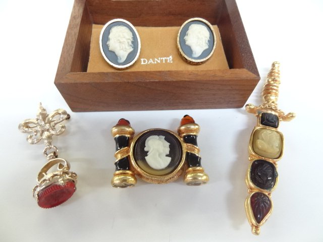 Costume Cameo Jewelry: Dante Cameo cufflink I.O.B, fleur-de-lis pin with intaglio wax stamp, and two contemporary Roman cameo pins