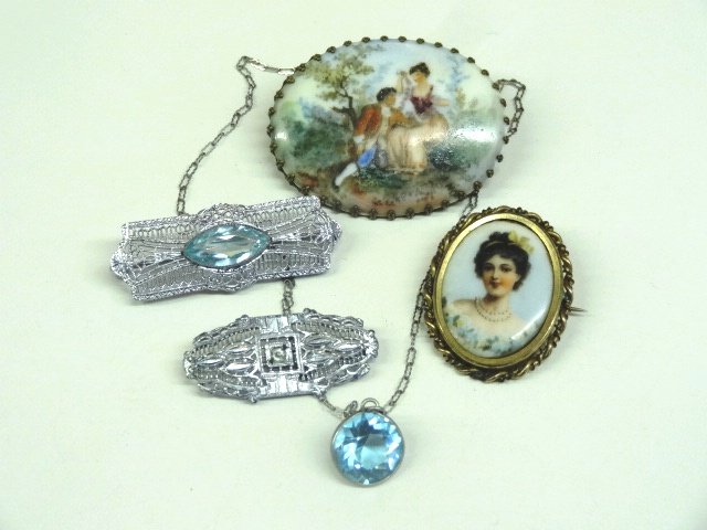 Vintage Costume Jewelry: Vintage Courting Scene, Portrait Pin, two filigree pins and locket.