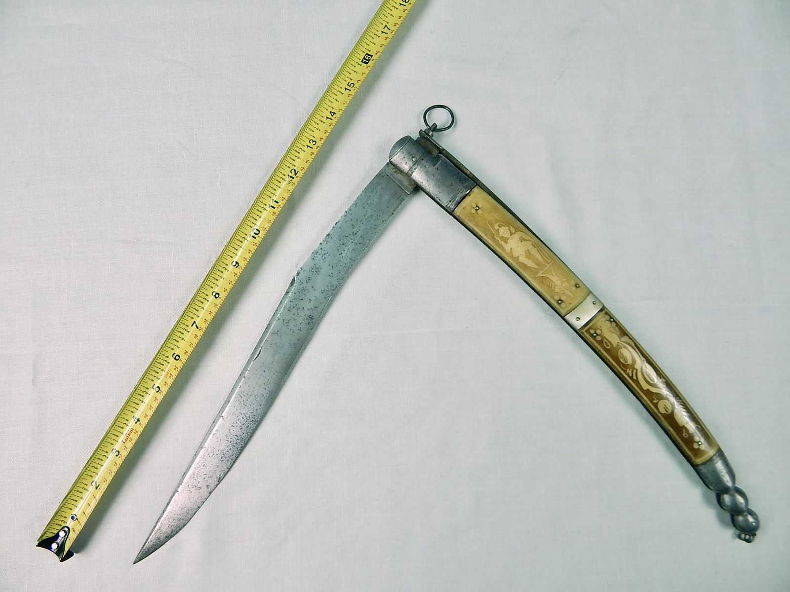 Antique 19 C French Italian Huge Navaja Folding Knife: Original Antique French or Italian Huge Engraved Navaja Folding Fighting Knife. No sheath. The blade is a little wobbly. 27" total length, the blade is 13 1/8", 14 1/2" when closed.