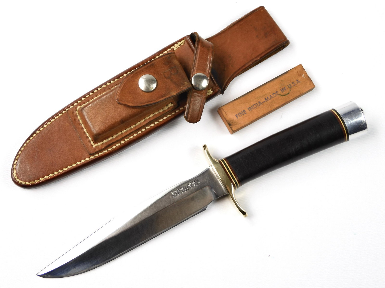 US Vietnam Custom RANDALL Model 1 6 Fighting Knife: US Vietnam Era Custom Made RANDALL Model 1 6 Fighting Knife with Leather Sheath and Sharpening Stone. Solid, no loose parts. 10 3/4" long with 6" blade.