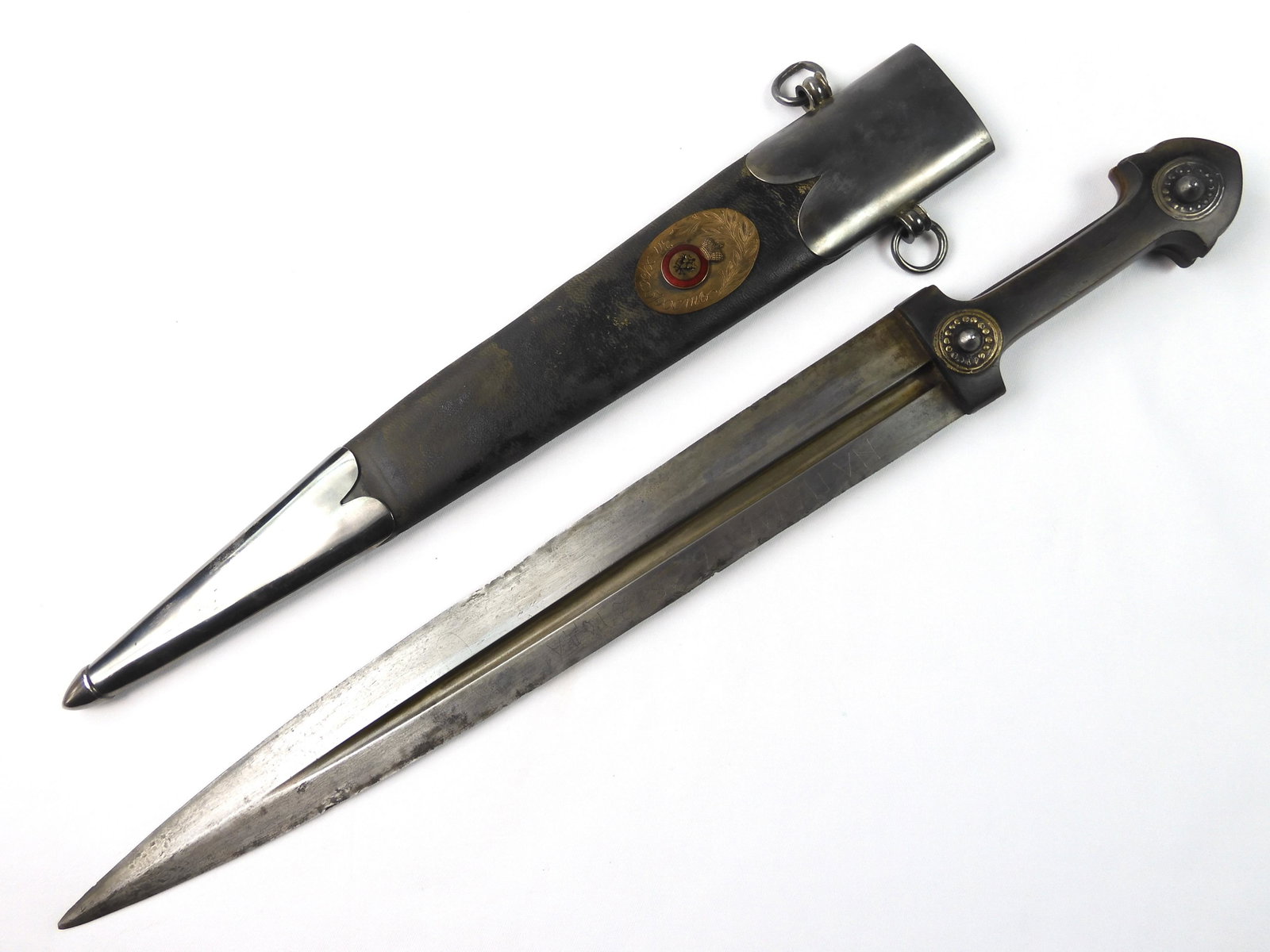Russian 19C Caucasian St. Anne Order Kindjal Knife: Imperial Russian 19 Century Caucasian St. Anne Award Kindjal with Scabbard. 20 1/2" long with 15 3/8" blade. Solid, no loose parts. The double edged blade has engravings in old-style Russian/Cyrillic 