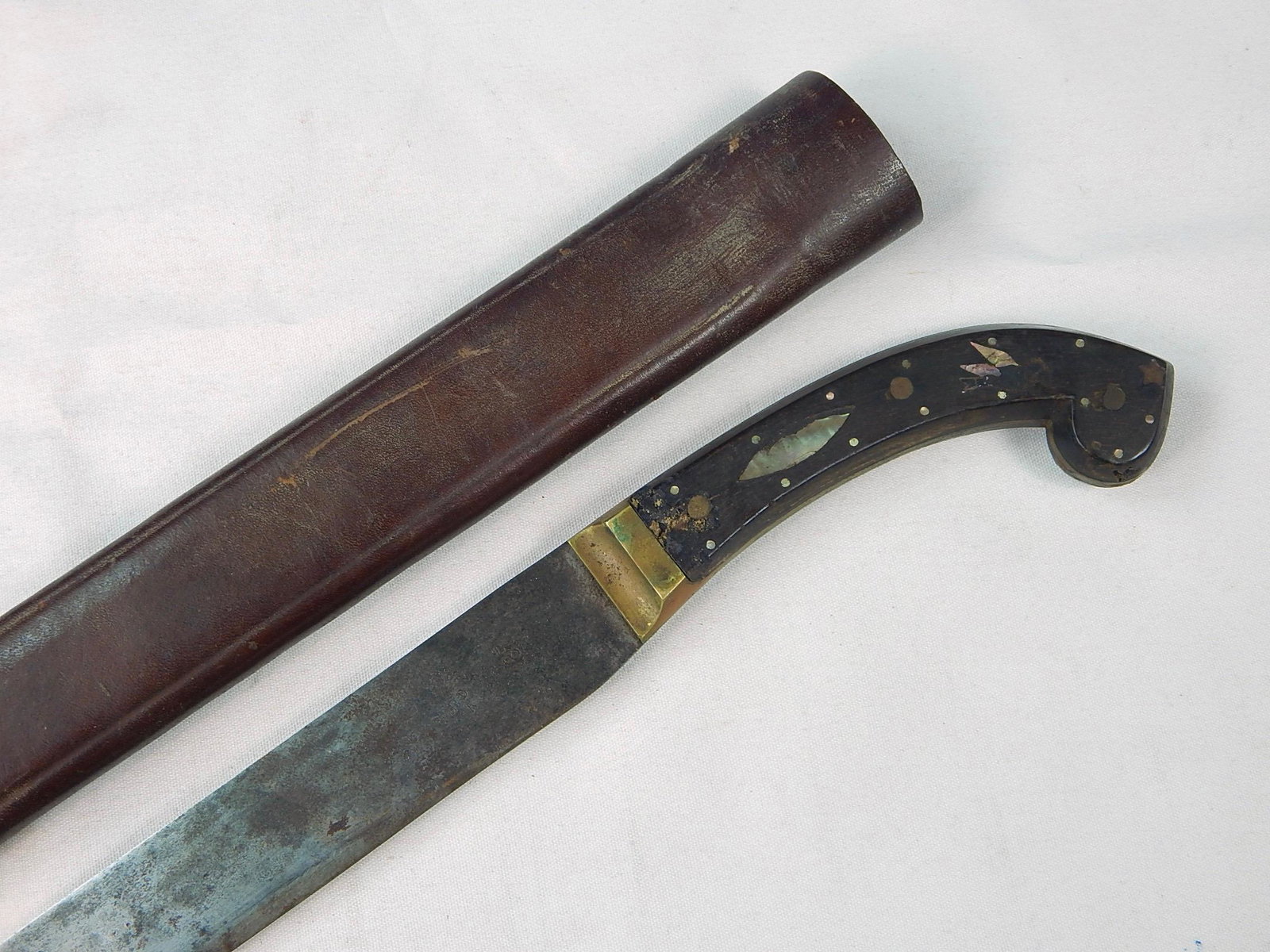 Antique 19 Century Cuban Cuba or Spanish Spain Machete: Antique 19 Century Cuban or Spanish Machete with Scabbard. Mother of pearl handle decorations. 30 1/4" long with 24 3/4" blade.