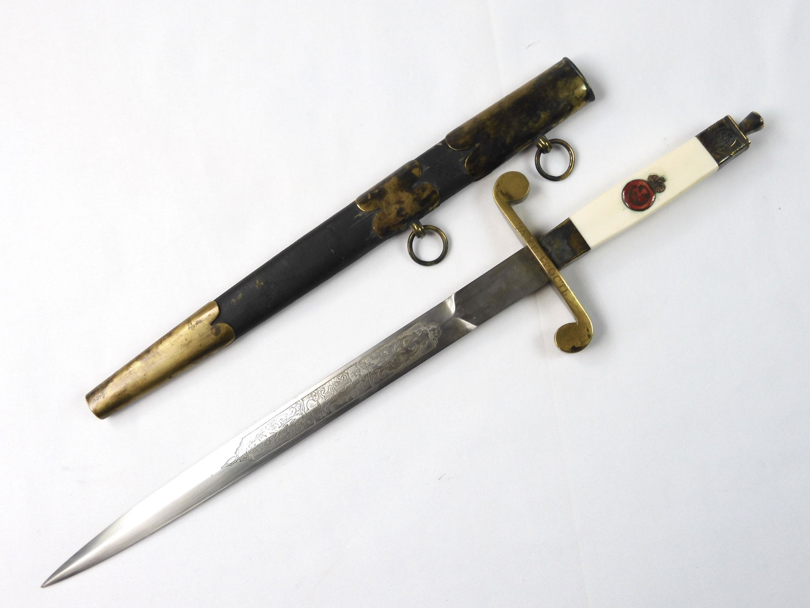 Antique Imperial Russian Russia Engraved Dirk Dagger Knife: Antique Imperial Russian Engraved Dirk with Scabbard. Solid. 15 7/8" long with 11" blade. Made in 1890s. Excellent condition blade engraved with emperor Nicholas II initial. It is a bravery award weap