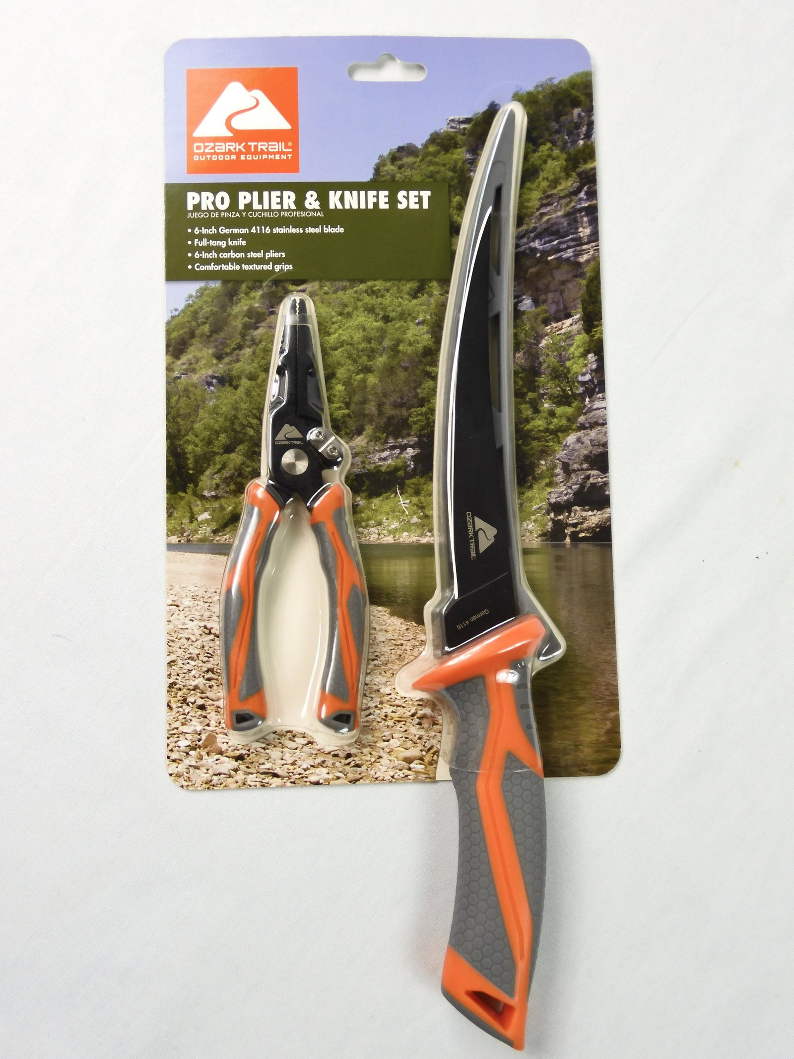 Ozark Trail 6" Blade Fishing Fish Fillet Knife & Pro Plier Set: Ozark Trail 6" Blade Fishing Knife with Scabbard & Pro Plier Set. New old stock.