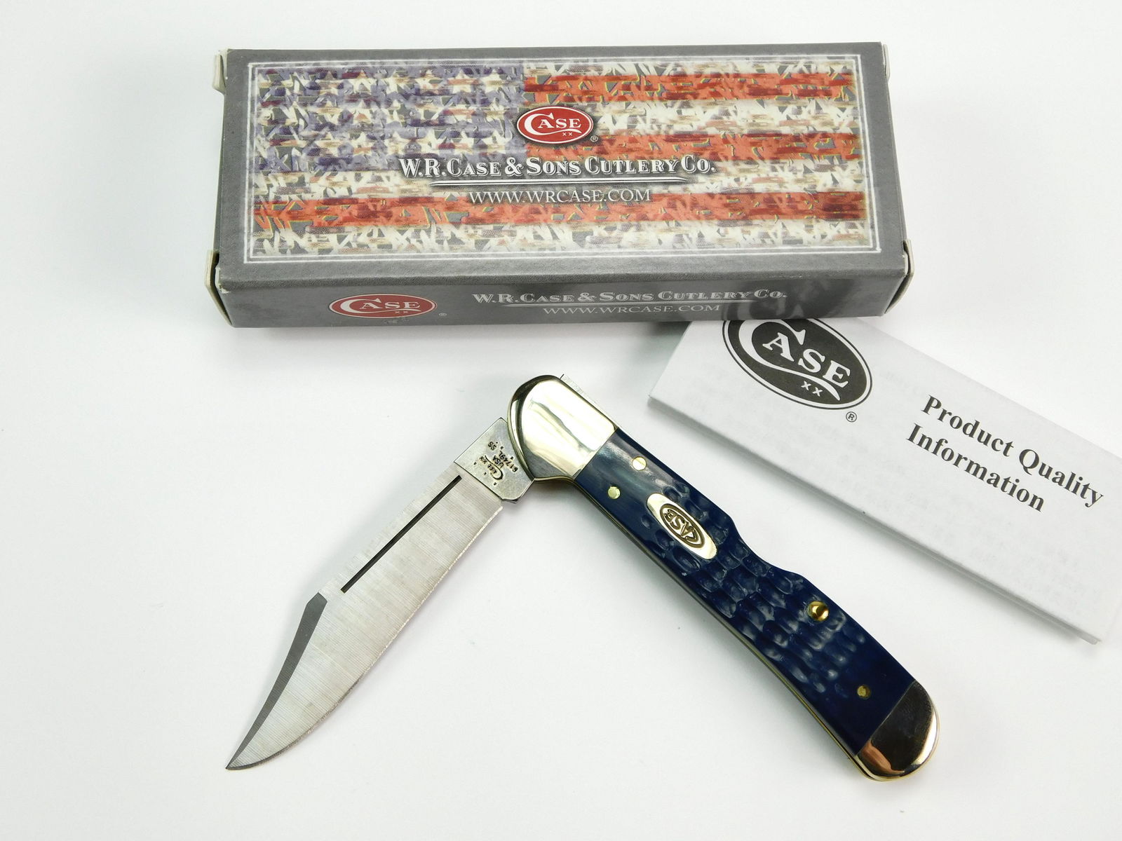 2014 Case XX Tested 61749L SS Copperlock Folding Knife: US 2014 Case XX Tested 61749L SS Mini Copperlock Navy Blue Folding Pocket Knife with Box. New old stock. Measurements are pictured.