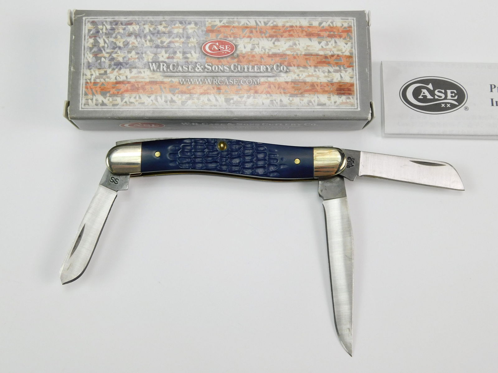 2015 Case XX Tested 6318 SS Stockman Blue Folding Knife: US 2015 Case XX Tested 6318 SS Stockman Navy Blue Folding Pocket Knife with Box. New old stock. Measurements are pictured.