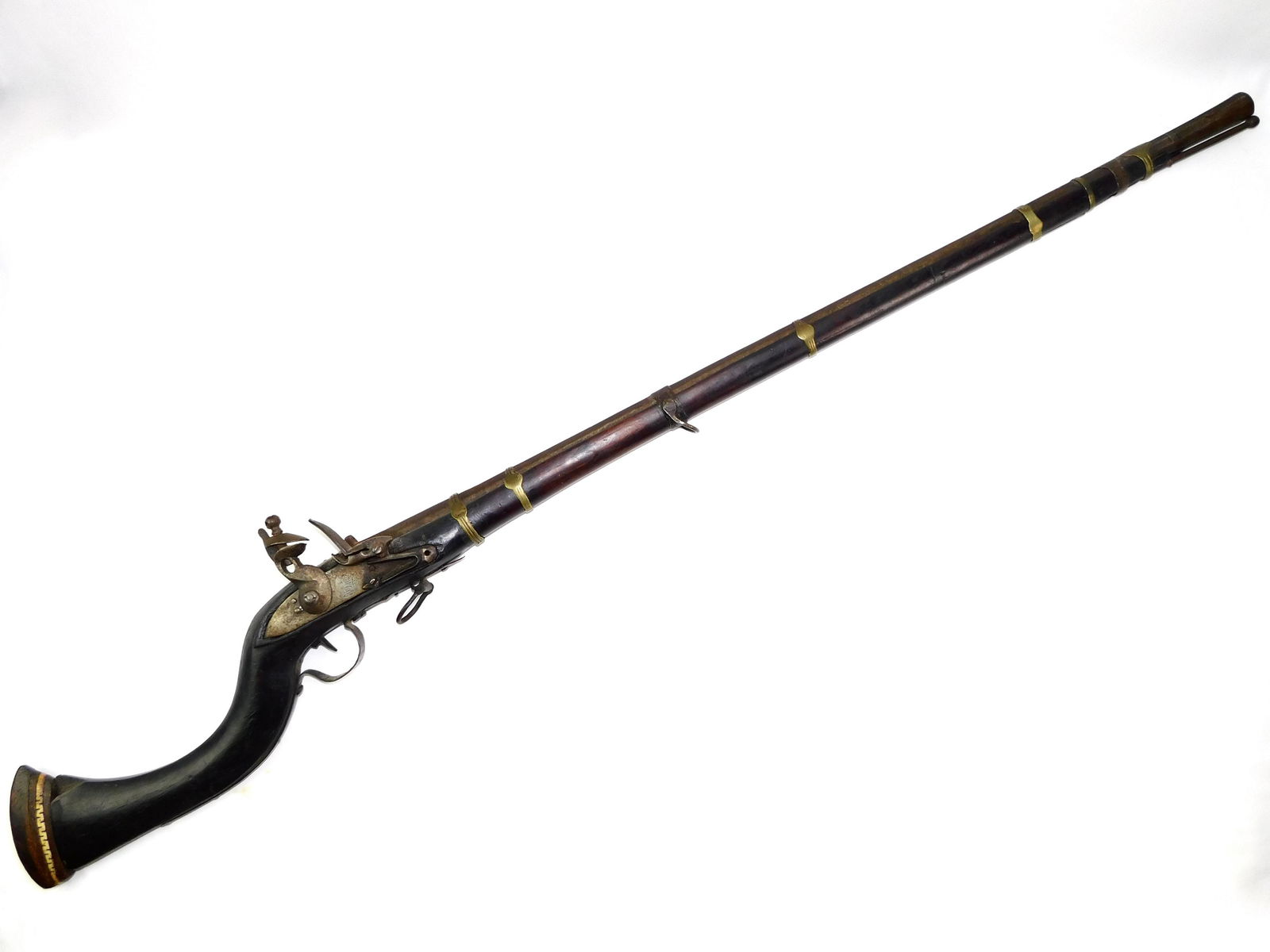 Antique 19C Middle East or African Flintlock Rifle Musket: Antique 19 Century Middle East or African Flintlock Rifle. Trigger & hummer are mechanically nonfunctional. 39" long.