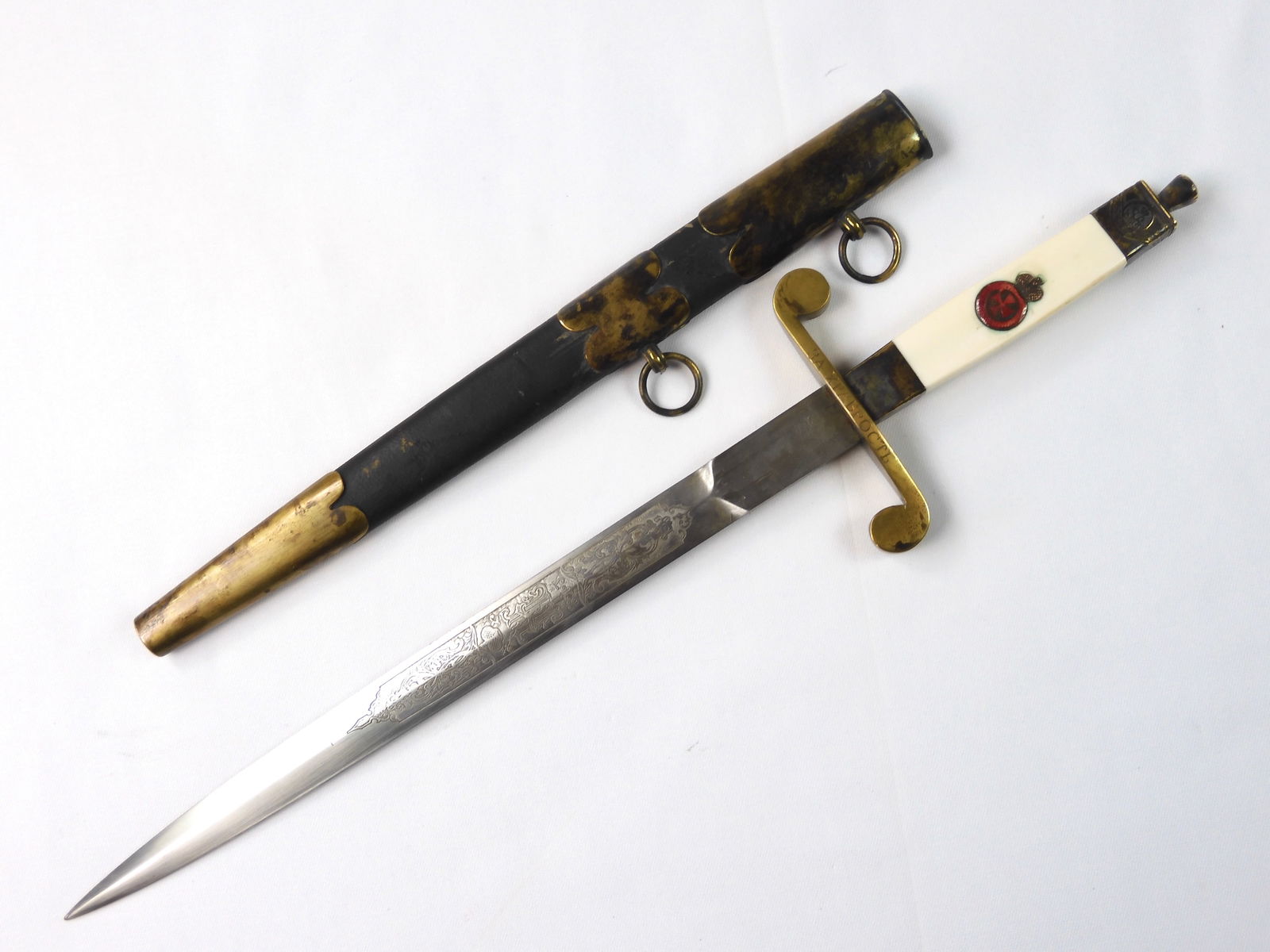 Antique Imperial Russian Russia Engraved Dirk Dagger Knife: Antique Imperial Russian Engraved Dirk with Scabbard. Solid. 15 7/8" long with 11" blade. Made in 1890s. Excellent condition blade engraved with emperor Nicholas II initial. It is a bravery award weap