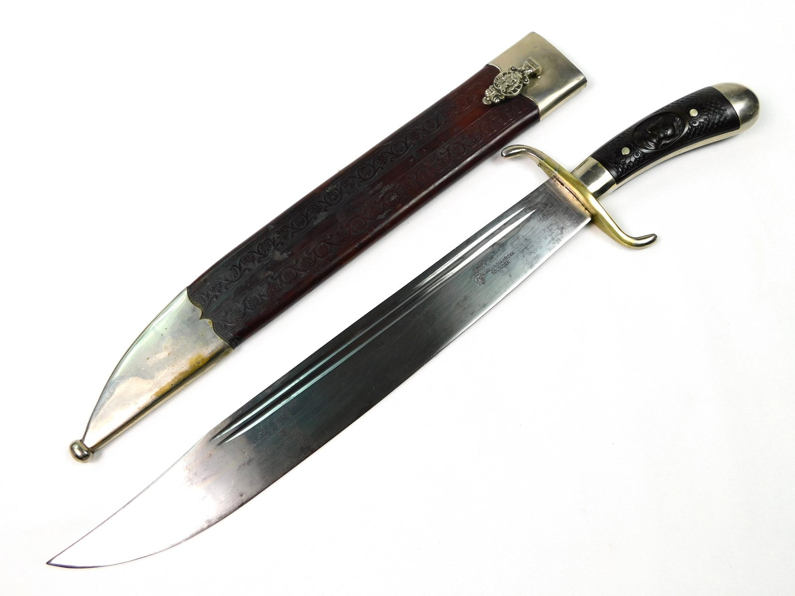 South America WW1 German Large Bowie Fighting Knife: Original South American WW1 German Made Large Bowie Fighting Knife with Scabbard. Solid, no loose parts. 17 5/8" total length. The blade is 13".