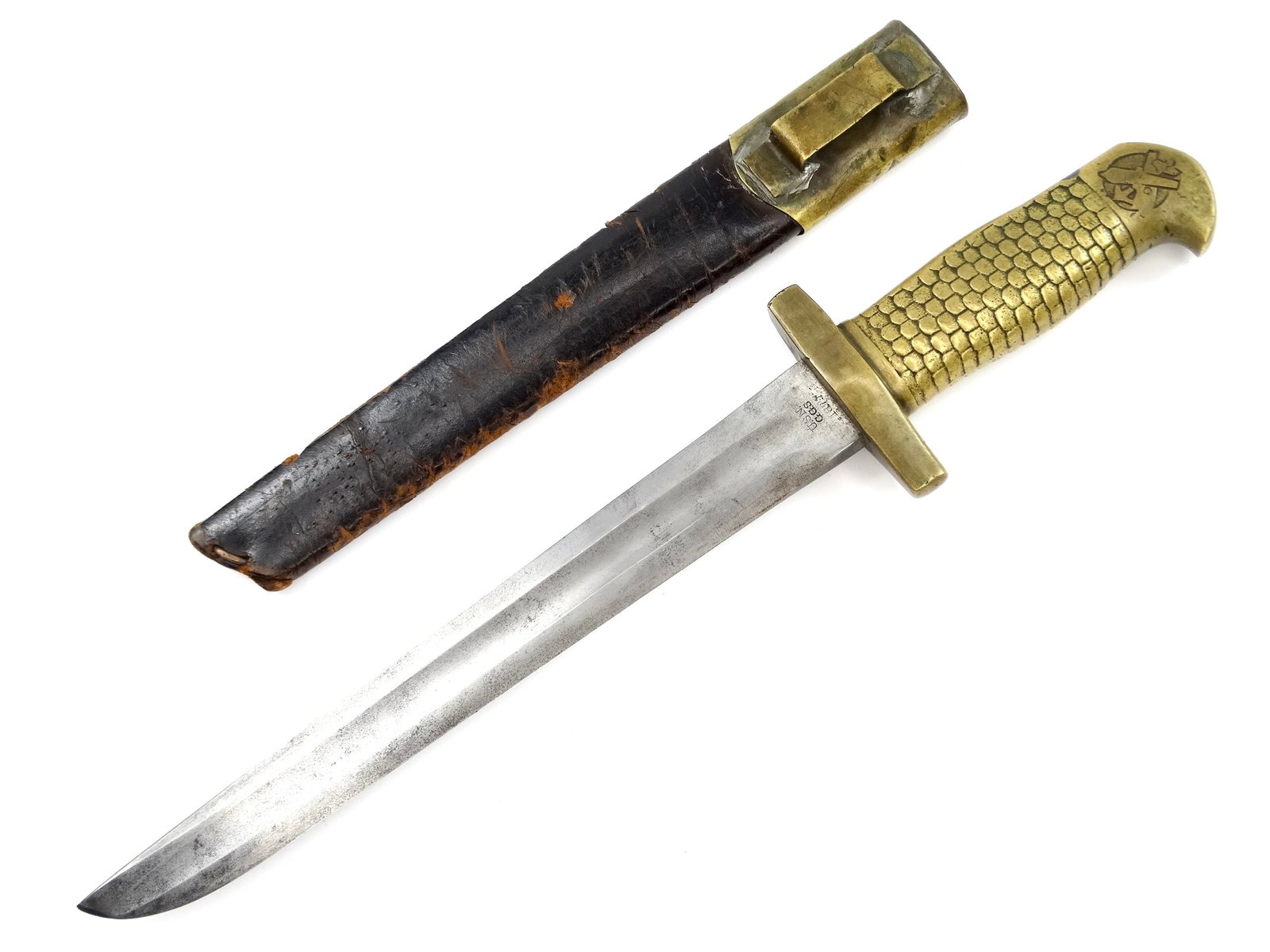US WW2 Theater Fighting Knife Custom Made Antique Ames USN Navy 1870 Bayonet: Original US WW2 Theater Fighting Knife Made from Ames USN 1870. Bayonet with Scabbard. Solid. Bayonet is 14 3/4" long with 10" blade. Condition pictured.