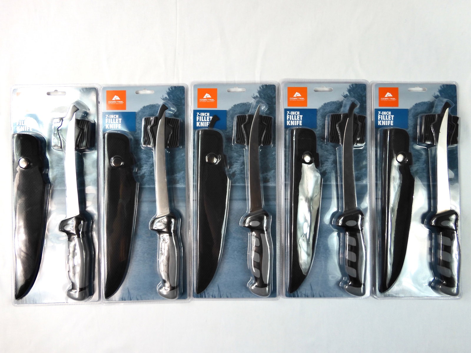 Lot of 5 Ozark Trail 7" Blade Fishing Fish Fillet Knife: Lot of 5 Ozark Trail 7" Blade Fishing Knives with Scabbards and Sharpeners. New old stock.