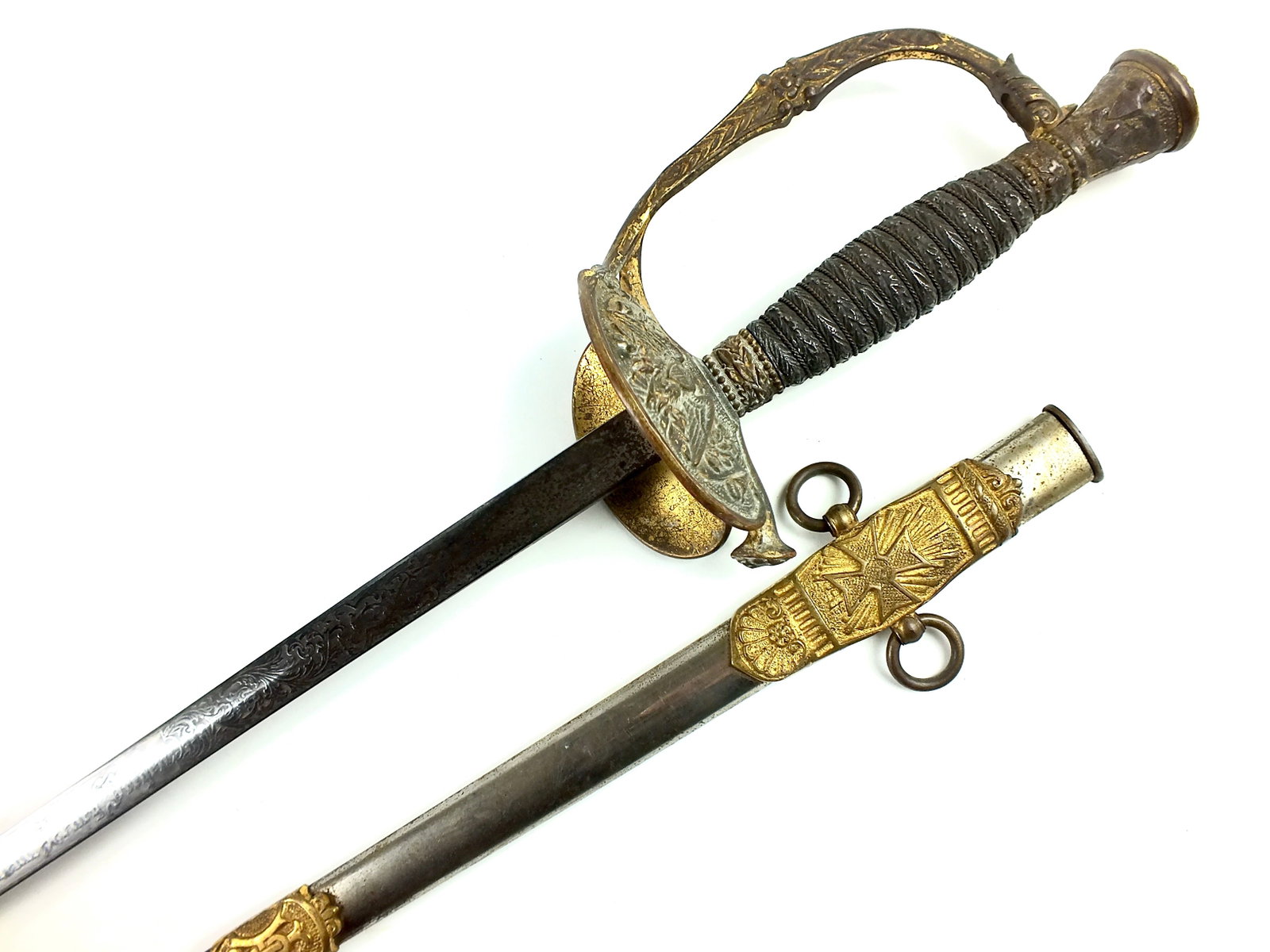 Antique US 19C Knights St. John Masonic Fraternal Sword: Original US 19 Century Knights of St. John 1st Lieutenant Masonic Sword with Scabbard. Engraved blade. Spring button on the folding guard is not functional but can be forced to open-close. Hilt is lit