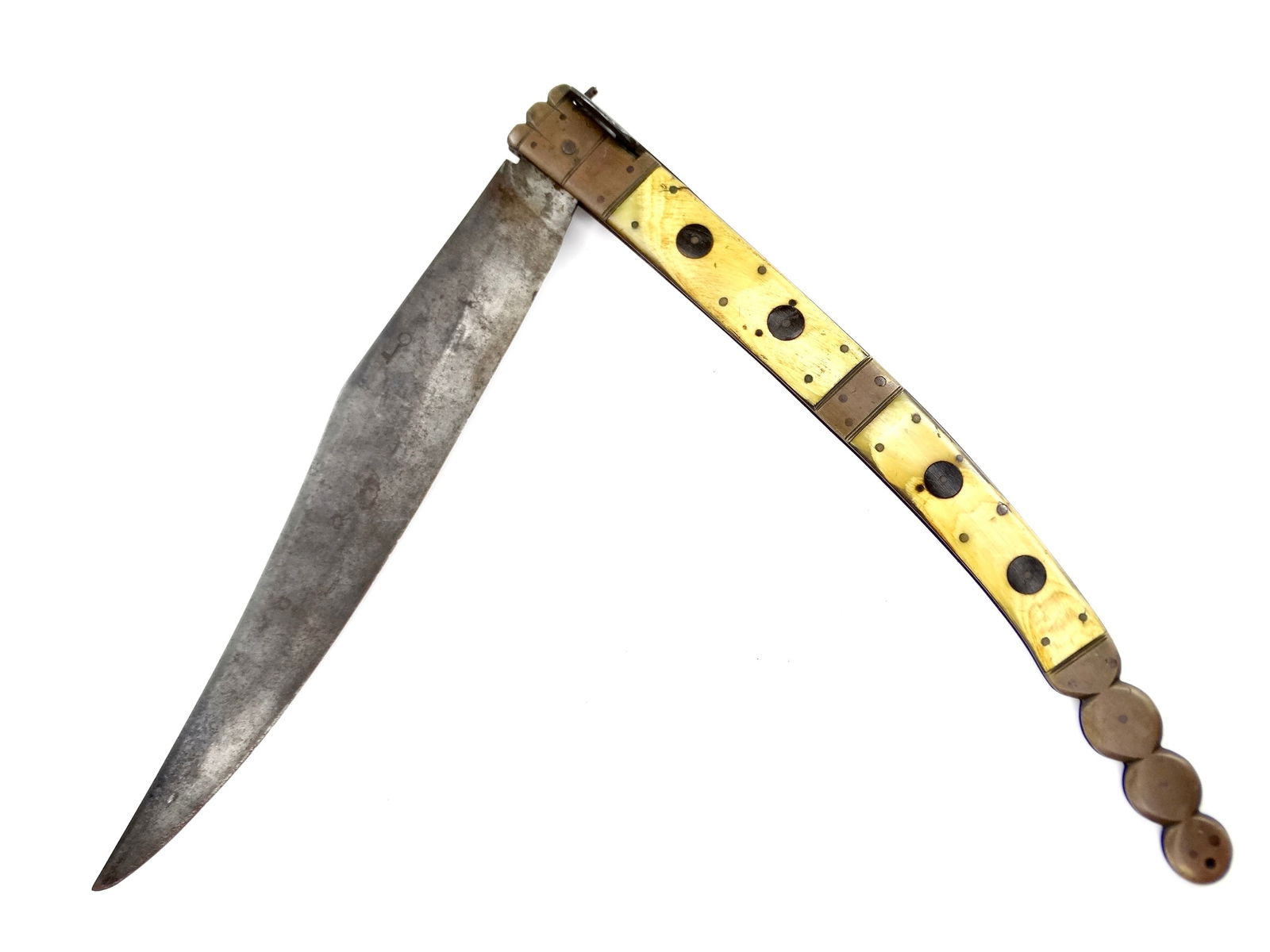 Antique Old Spanish Spain or French France 19 Century Large Navaja Folding Knife: Original Antique Spanish or French 19 Century Large Navaja Folding Knife. 23 1/4" total length. 12 7/8" closed