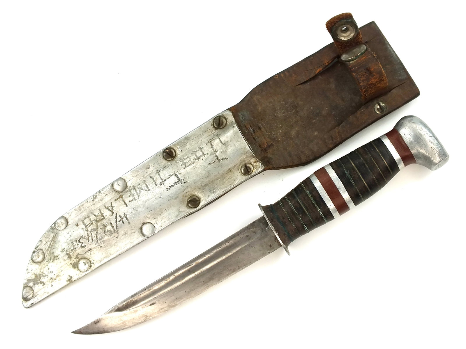 US WW2 1943 Custom Handmade Theater Fighting Knife: US WW2 1943 Custom Handmade Theater Fighting Knife with Leather Sheath. The knife is solid, no loose parts. Size: 9" total length, the blade is 5".