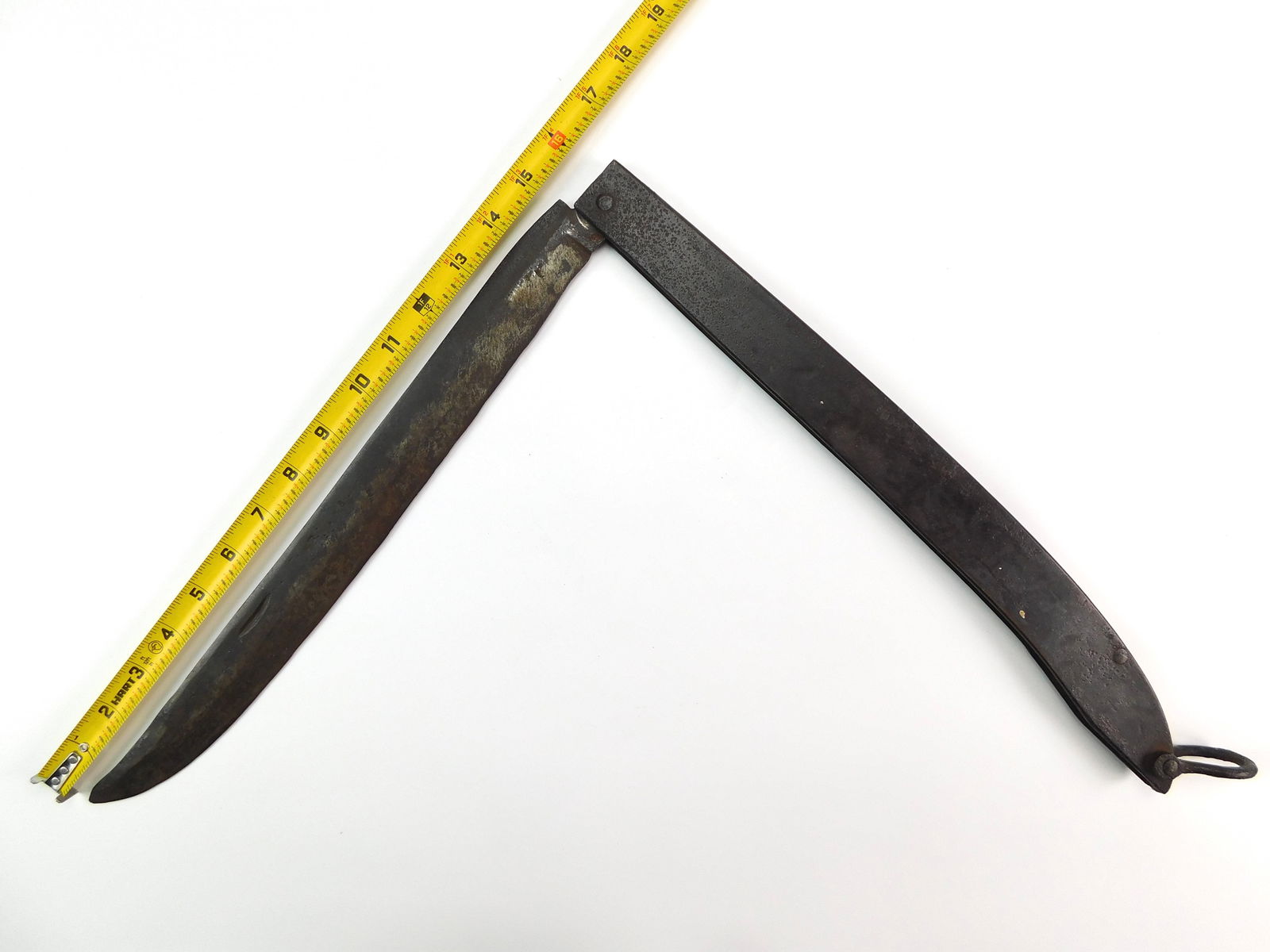 Antique Spanish Italian French HUGE 32" Navaja Knife: Antique Spanish or Italian or French Huge Navaja Folding Fighting Knife. 31 1/2" long, 16 3/8" closed, blade is 15 1/4". Blade is little wobbly when open, doesn't snap.