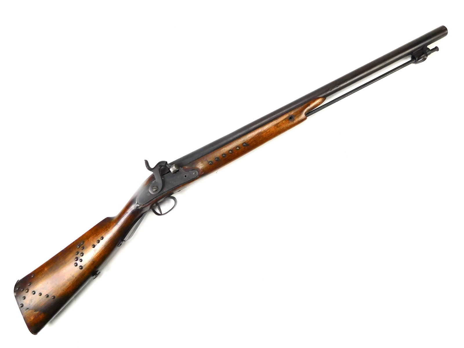 Antique US Indian Trade Percussion Gun Carbine Rifle: Antique US Indian Trade Percussion Gun. Approximately 45-50 cal. Dark rifled bore. Mechanically not working. The hammer is loose, everything else is solid.