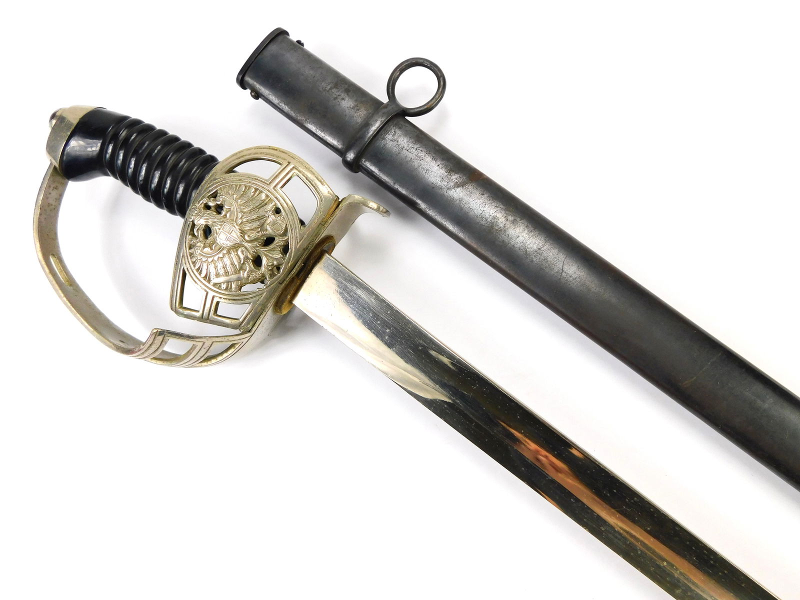 German Germany Antique WW1 Cavalry Officer's Sword w/ Scabbard: German WW1 Cavalry Officer's Sword with Scabbard. Solid, no loose parts. 37 1/4" total length. The blade is 32". Condition pictured.