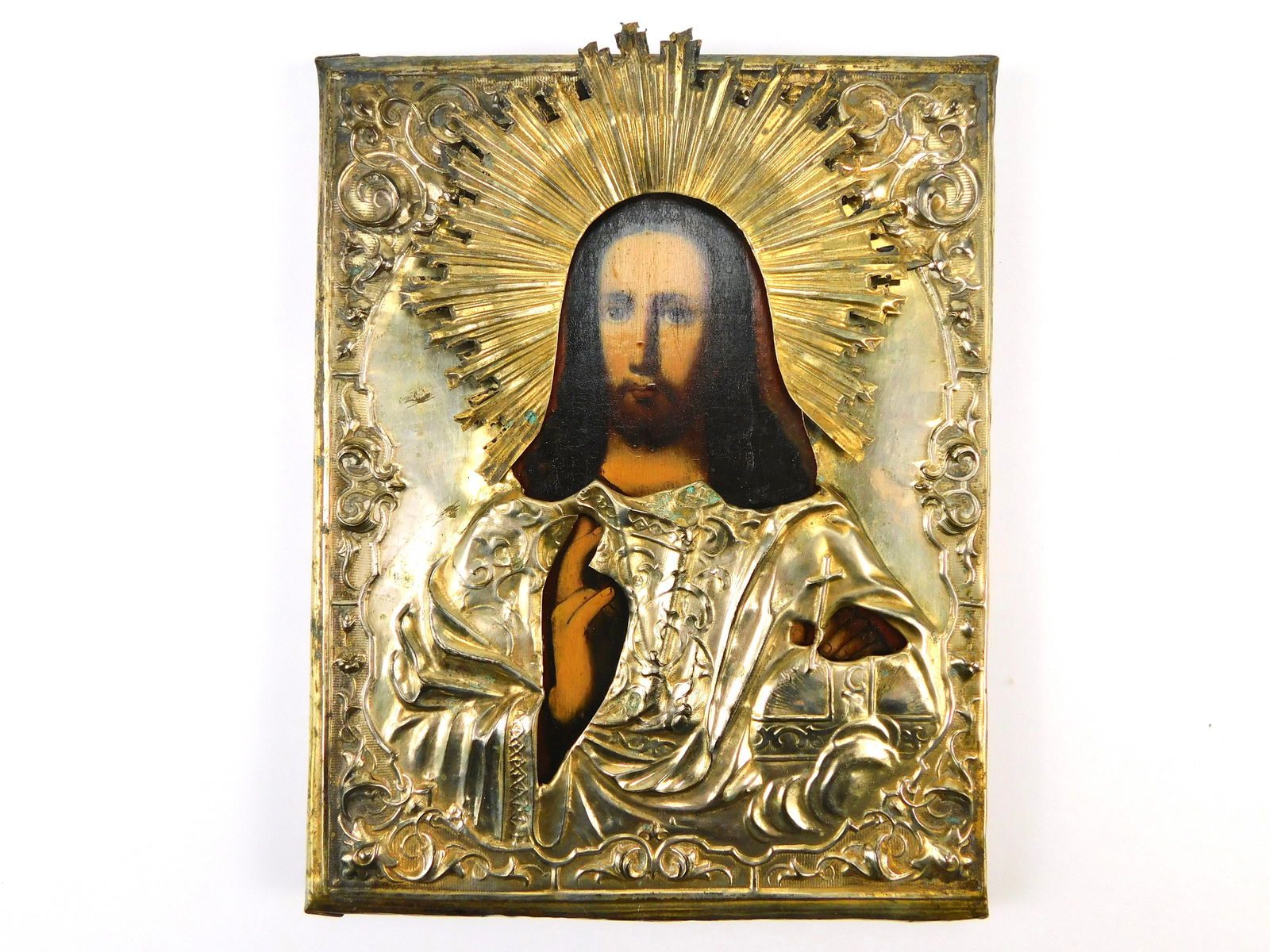 Russian Russia Ancient Antique c.1900 Orthodox Icon Christ Pantocrator Silver Oklad: Russian Ancient c.1900 Icon Christ Pantocrator Silver-washed base metal oklad over tempera on wood. Measurements are pictured.