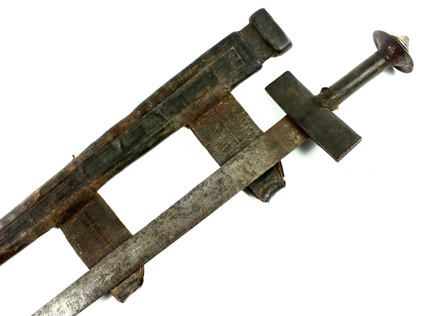 Antique Africa African 19 C Takuba Takouba Takoba Sword: Antique African 19 Century Takuba Sword with Leather Scabbard. 33 1/2" total length. The blade is 28 1/8".