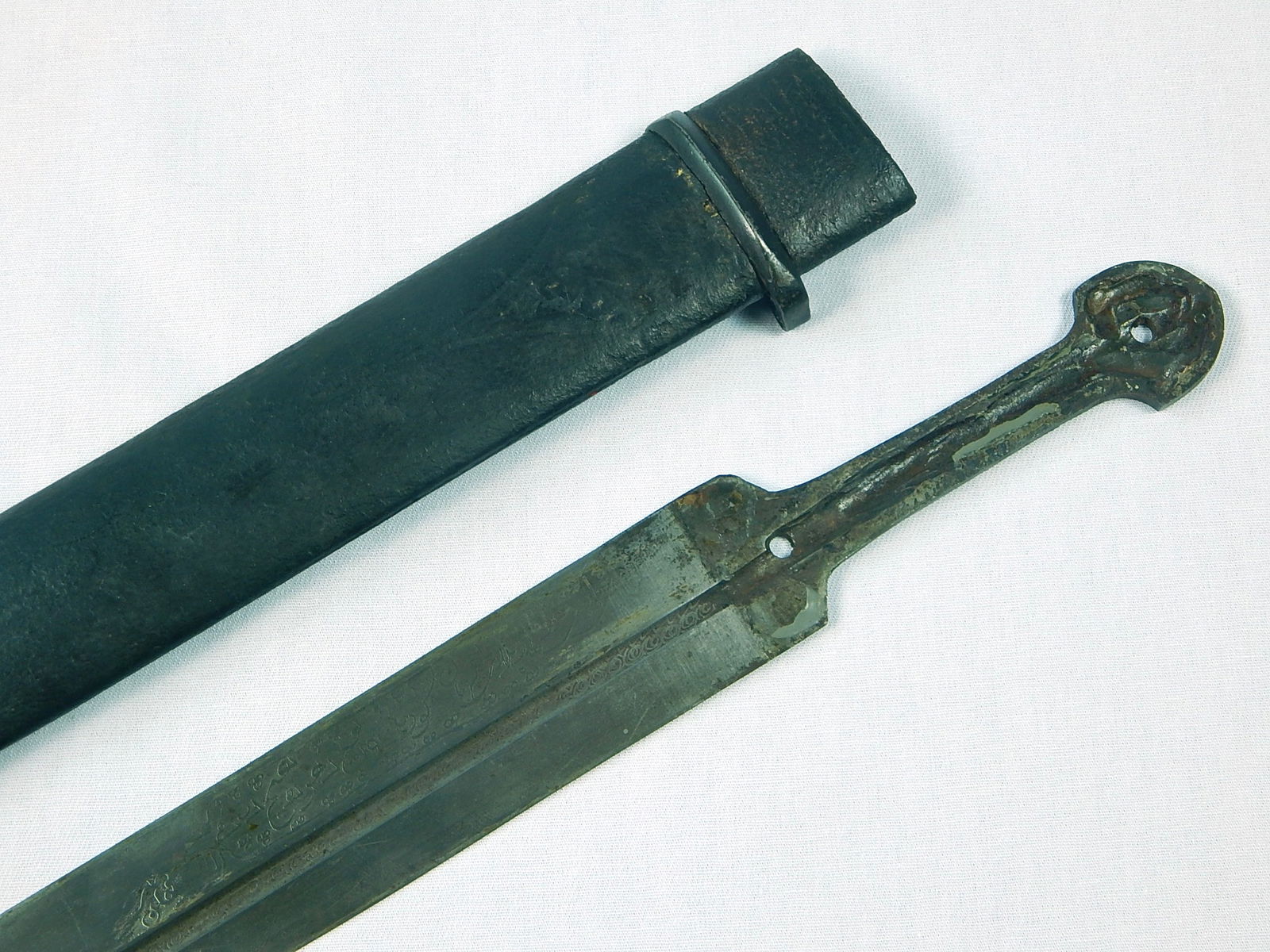 Antique 19C Middle East Engraved Kinjal Dagger Knife Blade: Antique 19 Century Middle Eastern Engraved Kinjal Kindjal Blade with Scabbard. Missing handle. 19 5/8" total length. The blade is 15 7/8".