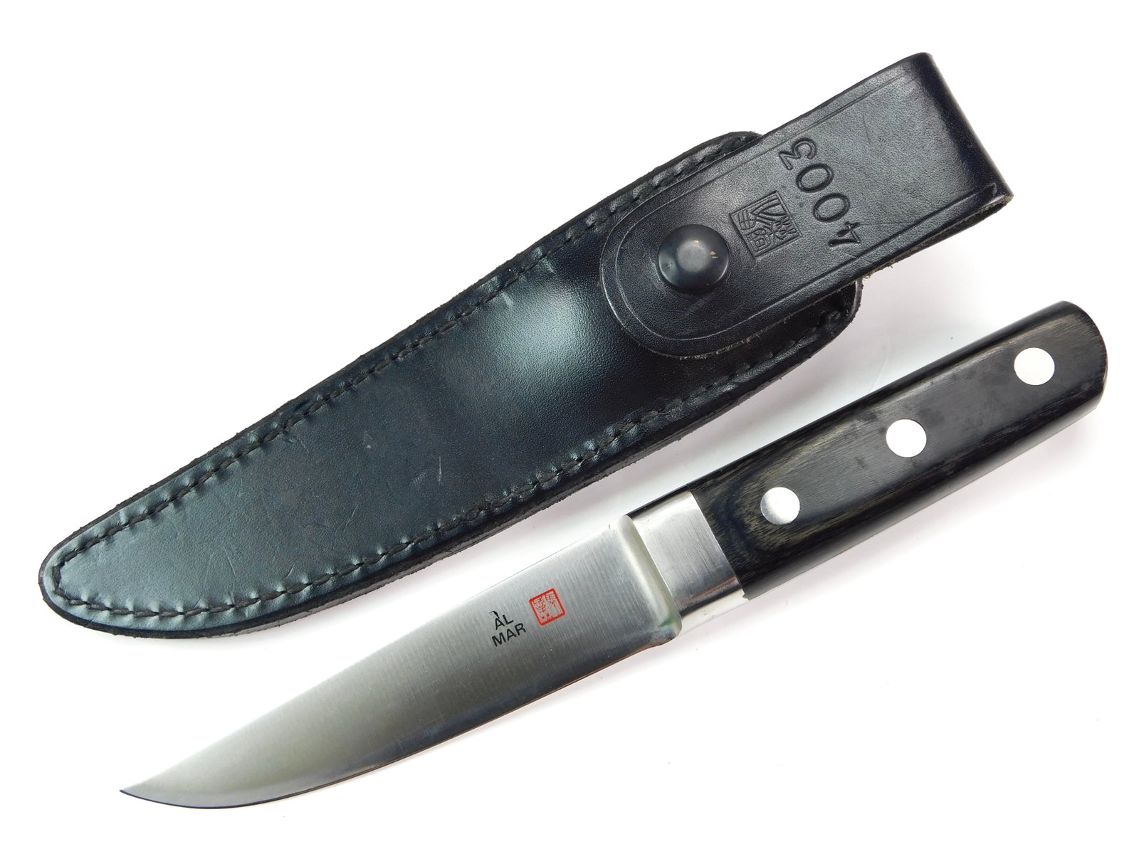 Vintage Custom Made Al Mar 4003 Tanken Utility Knife: Vintage Al Mar 4003 Tanken Utility Fixed Blade Knife. This vintage Al Mar Model 4003 has laminated wood scales, integral bolster, and full tang construction. Satin-finished blade with notching on thum